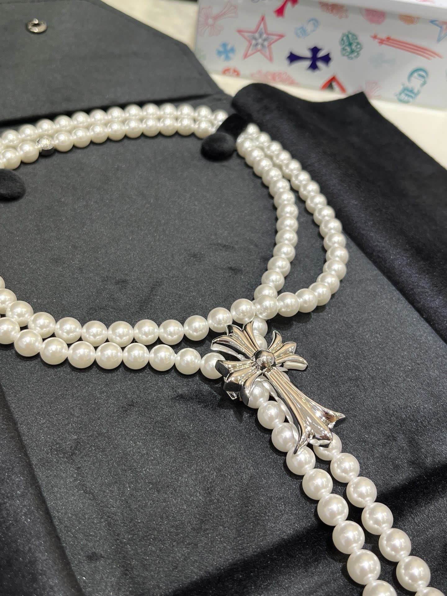Chrome Hearts Black Velvet Corset with Pearl Necklace